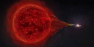 The binary star system RS Ophiuchi: Matter flows from the red giant onto the white dwarf. The newly added stellar envelopes explode in a bright nova about every 15 years. 