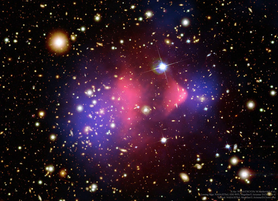 An image of the bullet cluster observed in x-ray and visible light